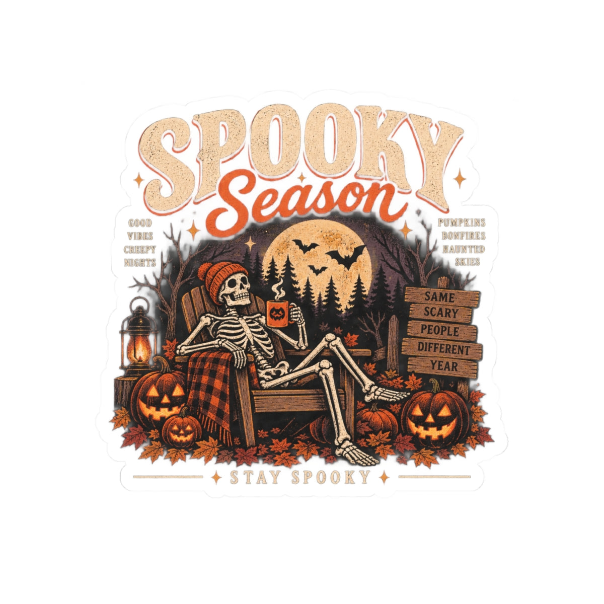 Spooky Season Sticker — Halloween Skeleton Pumpkin Kiss-Cut Decal