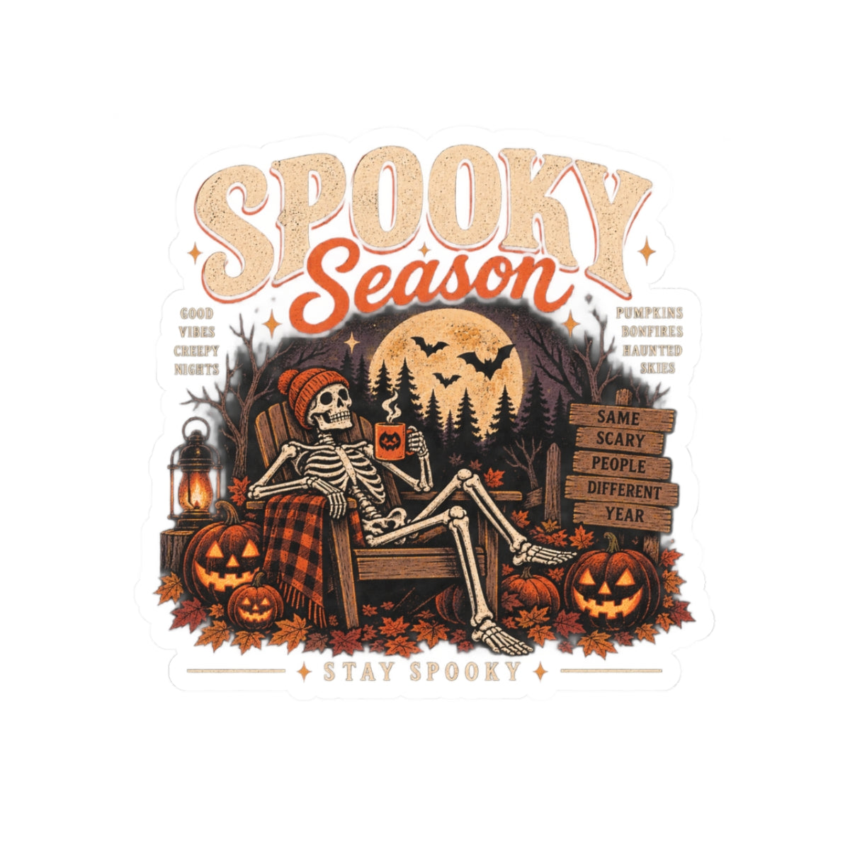 Spooky Season Sticker — Halloween Skeleton Pumpkin Kiss-Cut Decal
