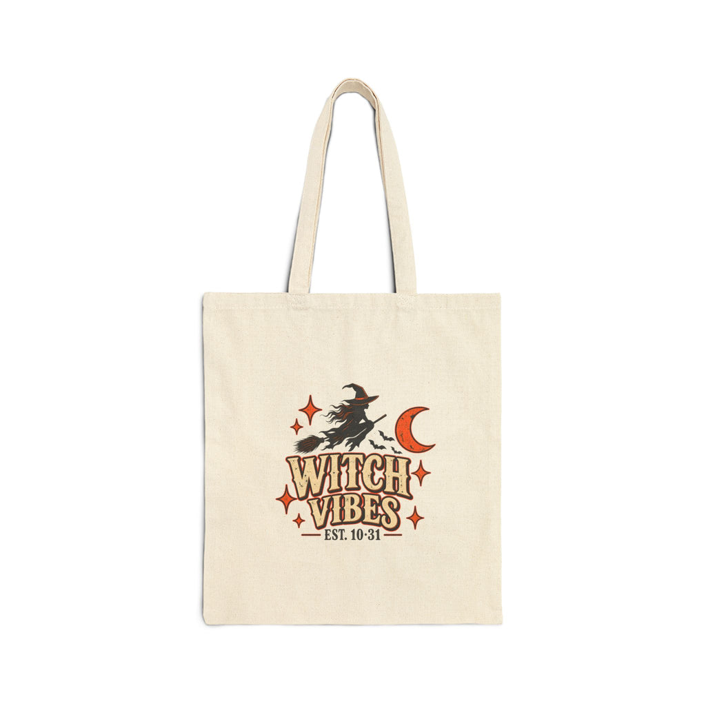 Witch Vibes Cotton Tote Bag — Retro Witch Moon Canvas Shopper