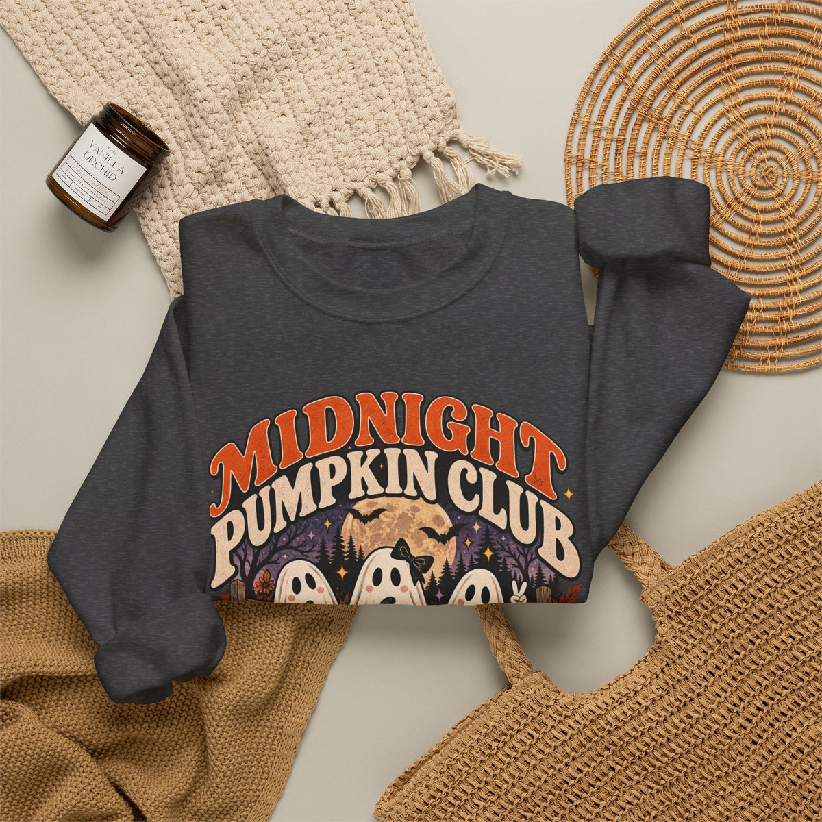 Midnight Pumpkin Club Crewneck Sweatshirt — Cute Ghosts & Pumpkins Halloween Sweater