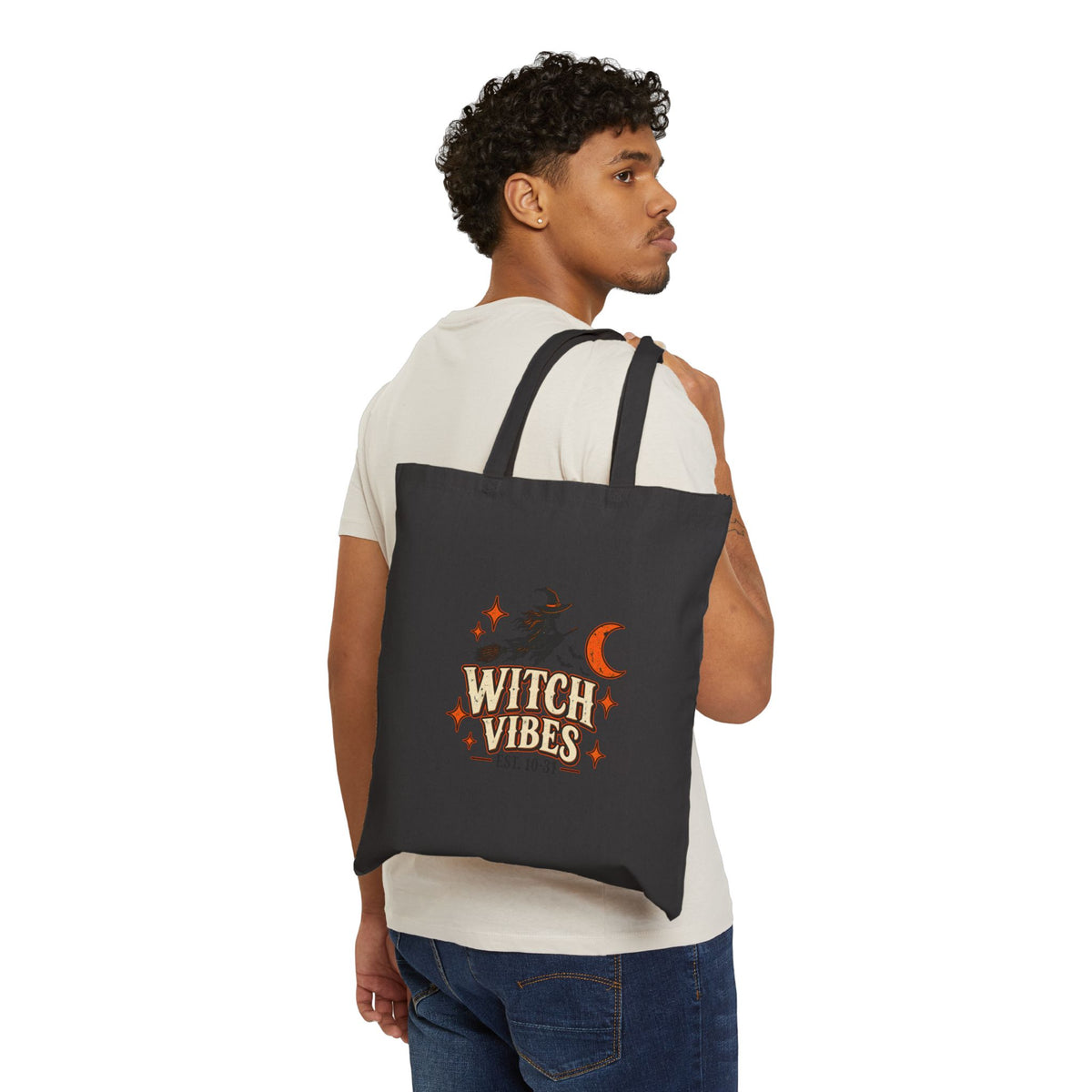 Witch Vibes Cotton Tote Bag — Retro Witch Moon Canvas Shopper