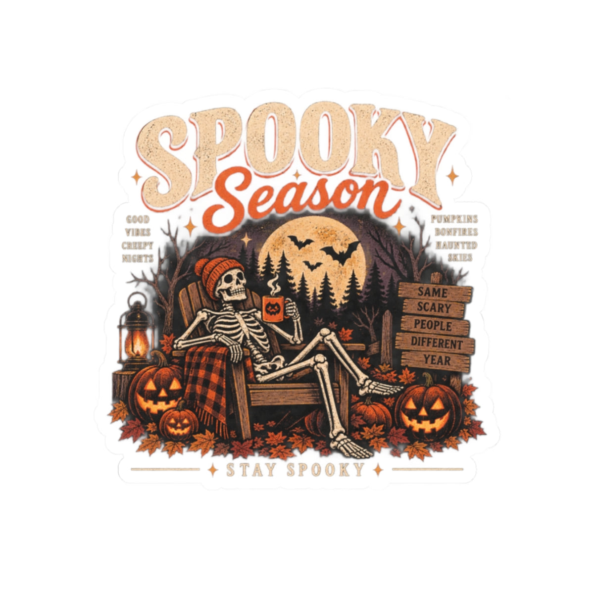 Spooky Season Sticker — Halloween Skeleton Pumpkin Kiss-Cut Decal