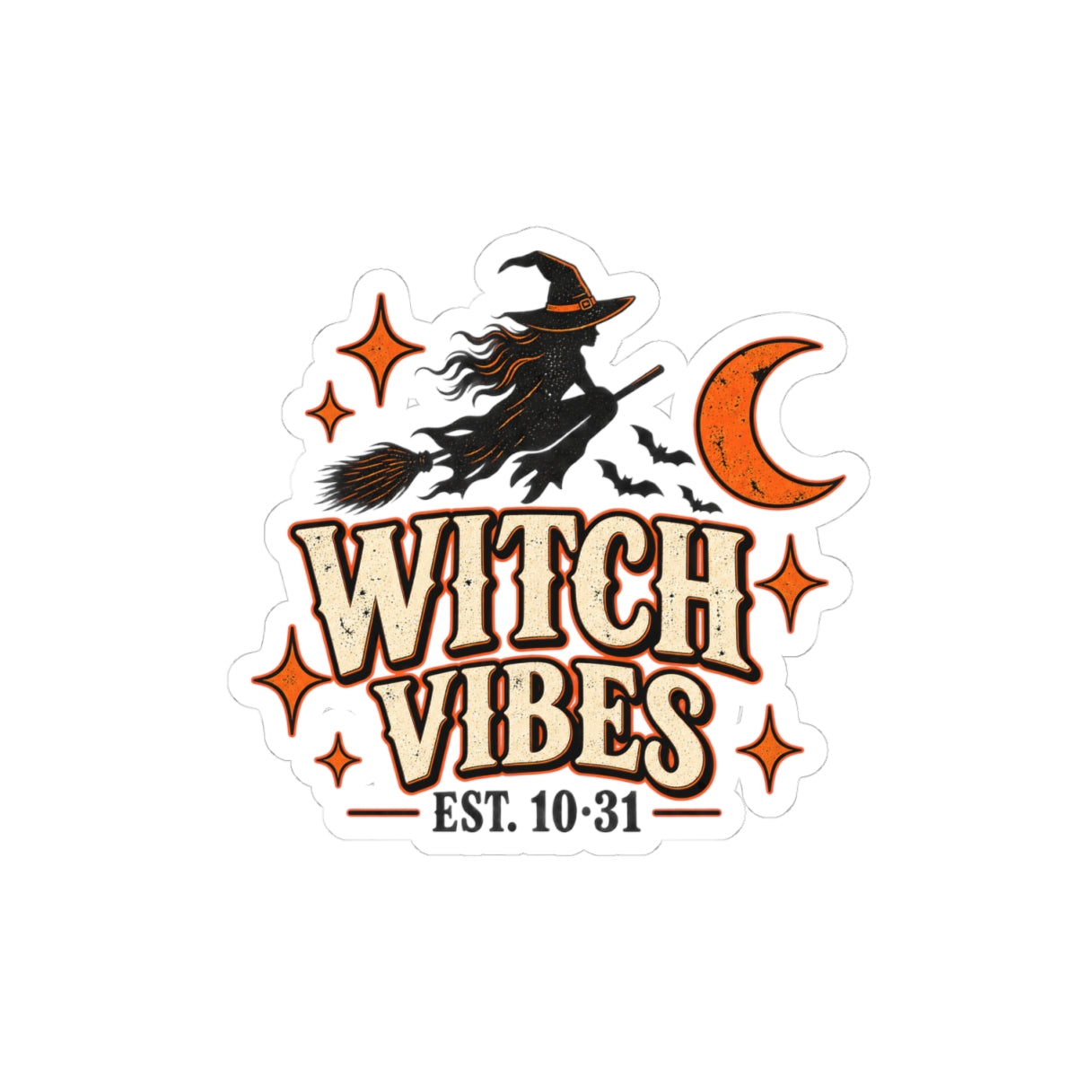 Witch Vibes Kiss-Cut Sticker — Halloween Witch, Moon & Bats Decal (Est. 10·31)