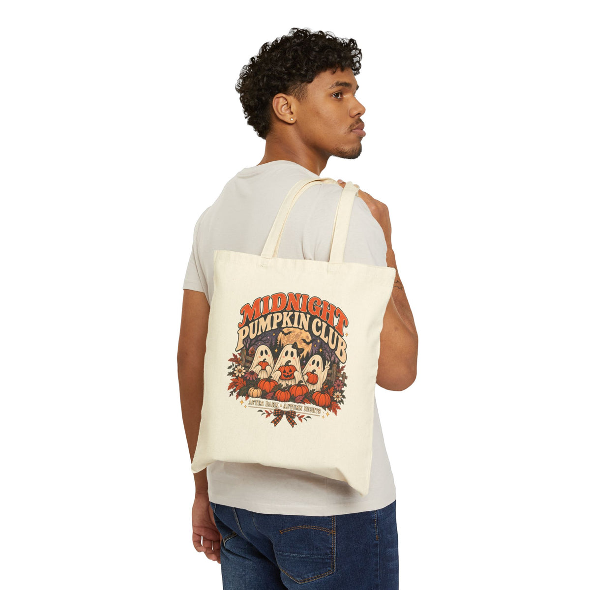 Midnight Pumpkin Club Cotton Tote — Halloween Ghosts Pumpkin Patch Tote Bag